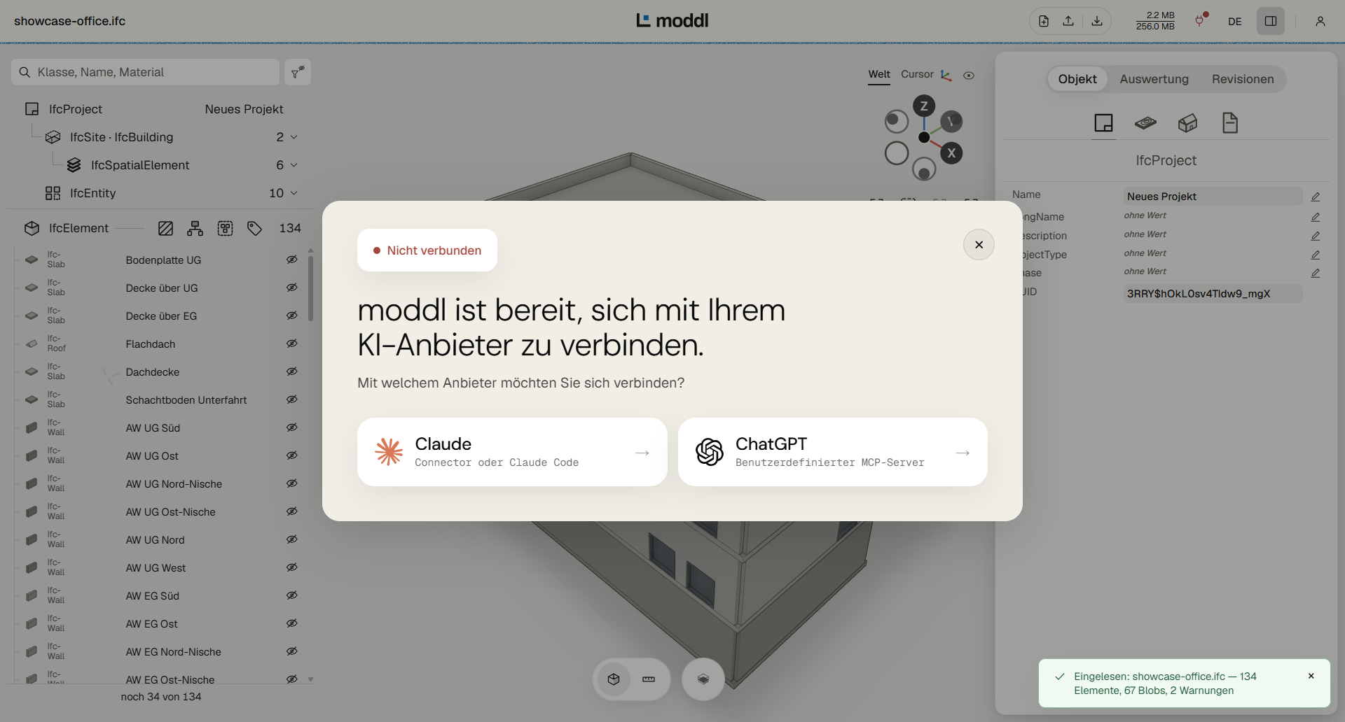 The moddl viewer with a model open and the dialog “moddl is ready to connect to your AI provider”, choosing Claude or ChatGPT